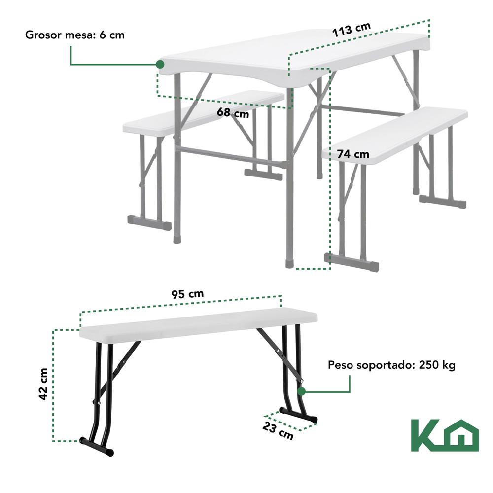 Mesa Plegable 105cm Rectangular + Bancos Portafolio Picnic