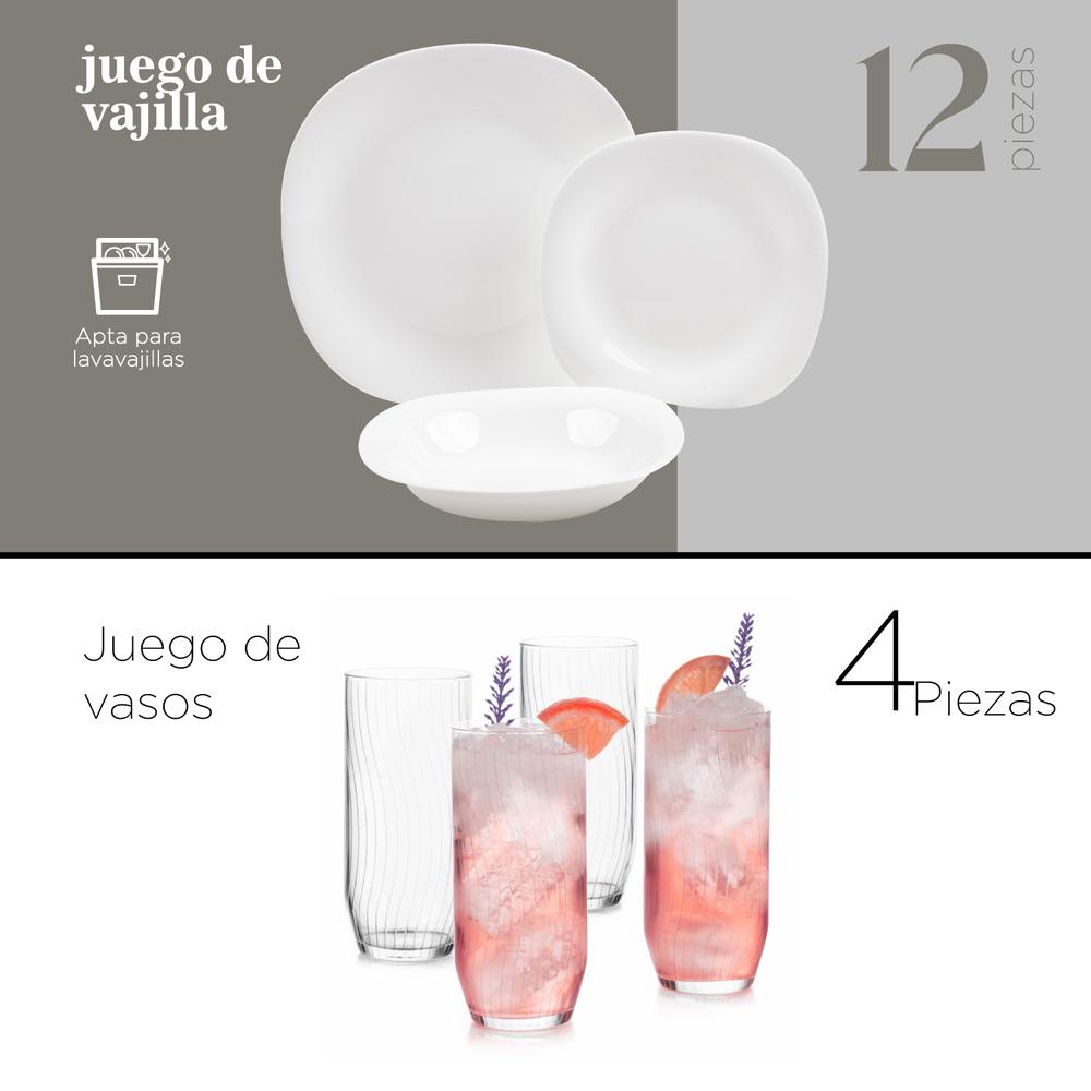 Vajilla 16 Piezas De Opal Moderna Blanca Vasos Vidrio Brisa