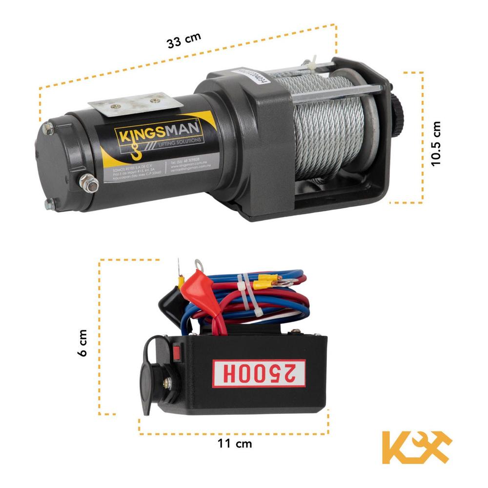 Malacate Winch 12V 2500 Lbs y Cable 14 Metros 1,12 T 5,1MM KDJ-2500H Kingsman