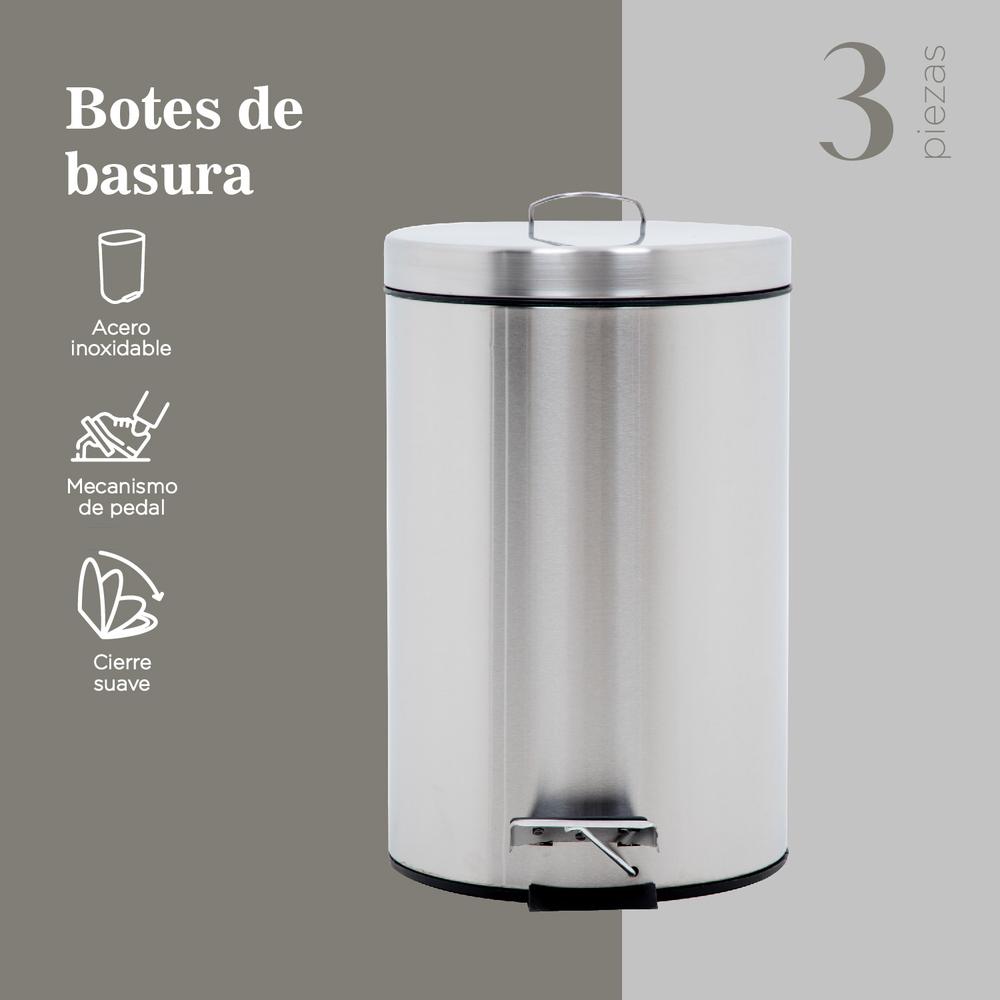 Set Botes de Basura 7,9 y 12 Litros Acero Inox C/Pedal 3pzas