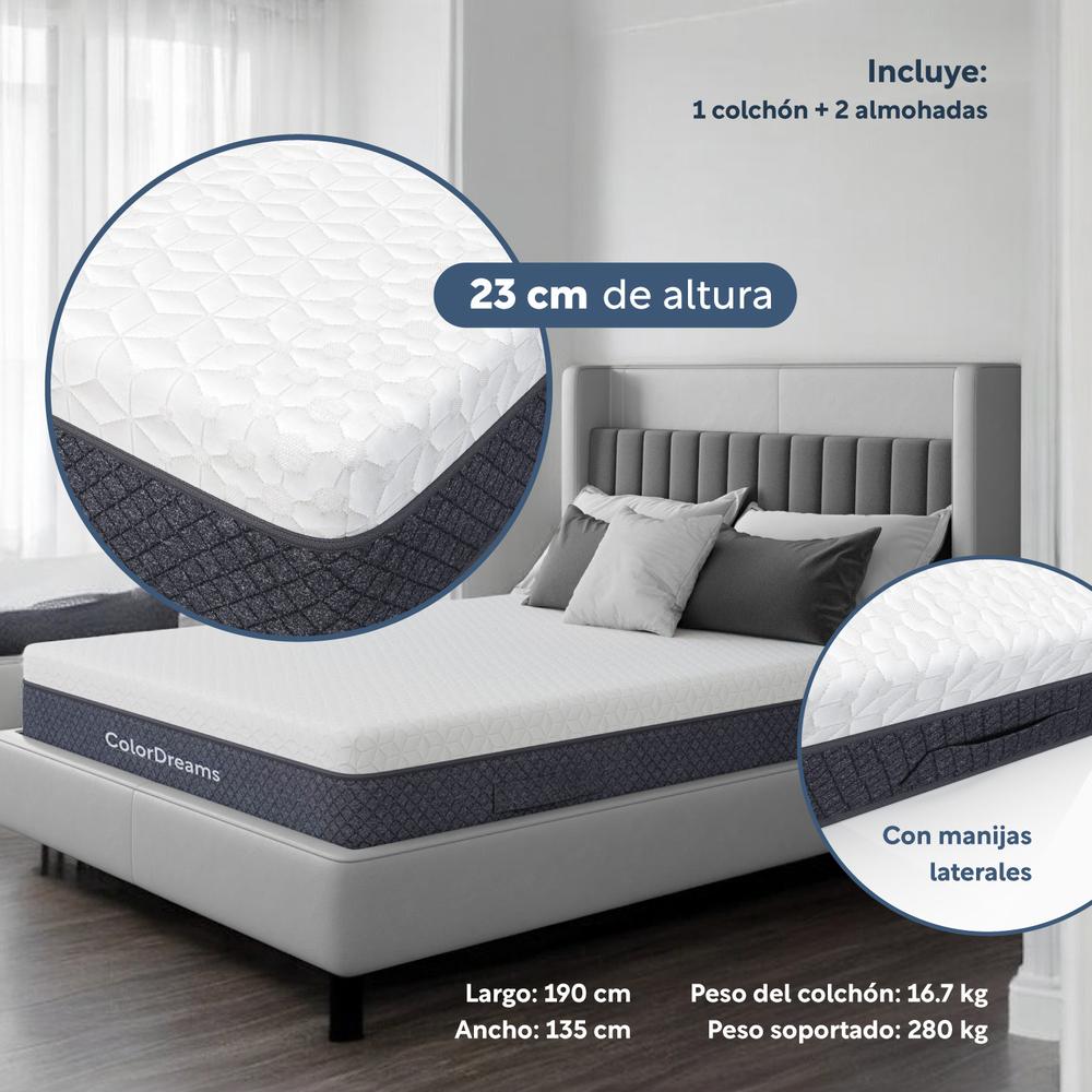 Set 3Pzas Colchón Matrimonial Memory Foam + Almohadas Carbón