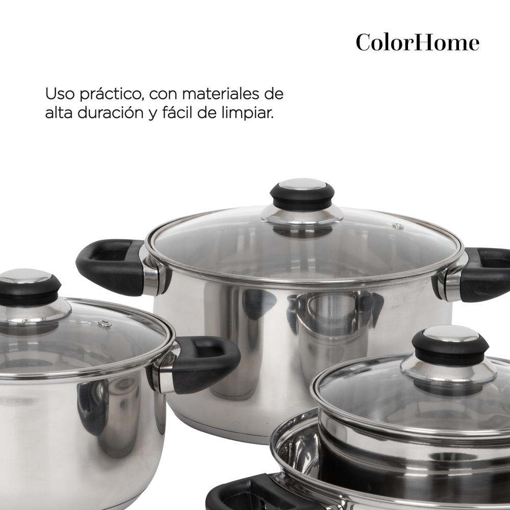 Bateria De Cocina 7 Pzas Acero Inox Tricapa Negro Colorhome