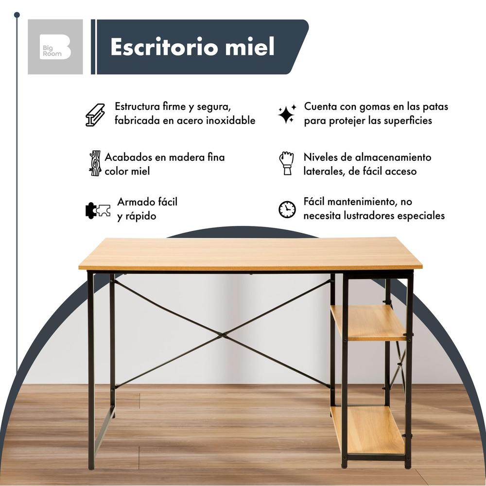 Escritorio Con 2 Repisas Madera Estructura Metal Minimalista