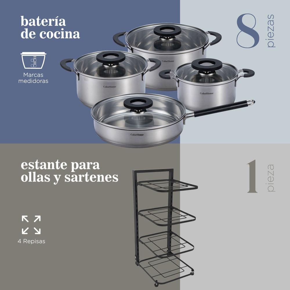 Batería De Cocina Combo Estante Para Ollas y Sartenes 9 Pzas