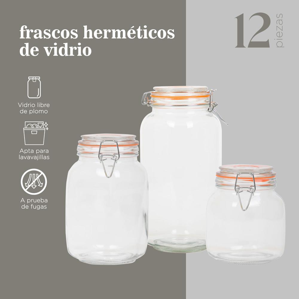 Frascos Hermeticos De Vidrio 1-1.5-2 Litros Combo 12 Pzas