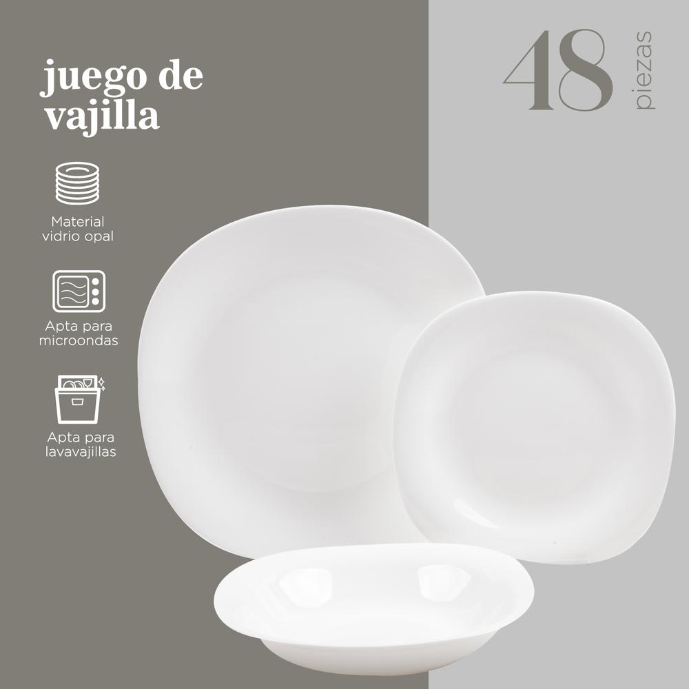 Vajilla Opal 48 Piezas Moderna Blanca Cuadradra 16 Personas