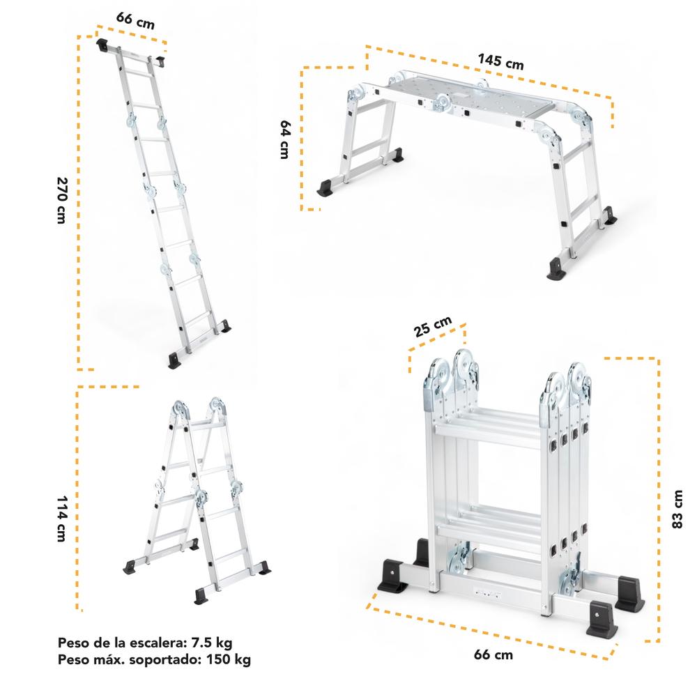 Escalera Aluminio Multiposiciones 2.7 m 8 Peldaños Plegable