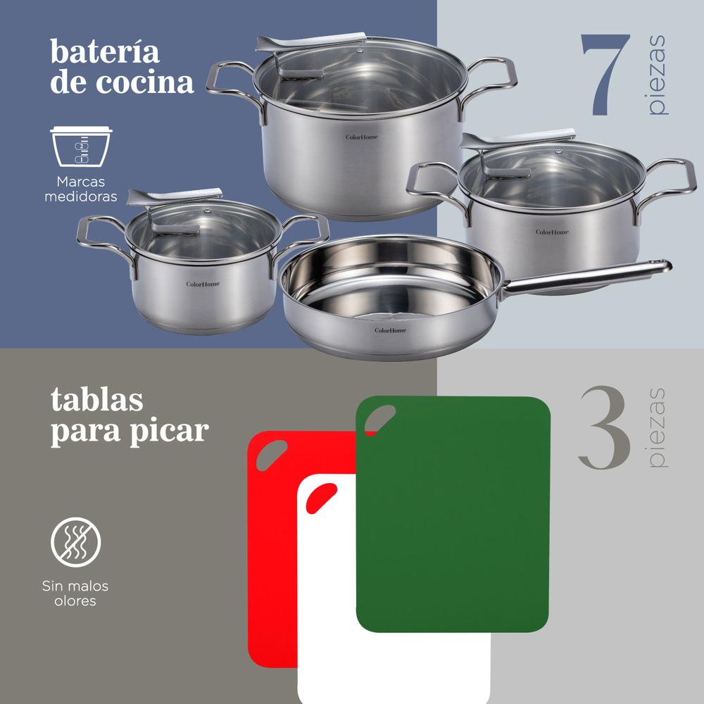 Bateria de Cocina Acero Inox Combo Tablas Para Picar 10 Pzas