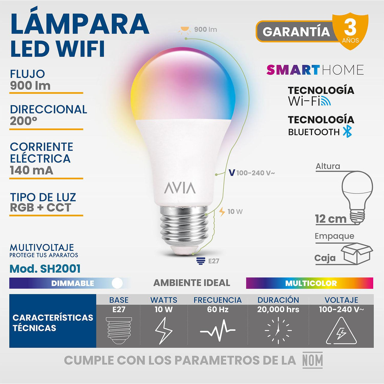 Foco Wifi 10w Smarthome Multicolor A19 100-240V Rgb Avia