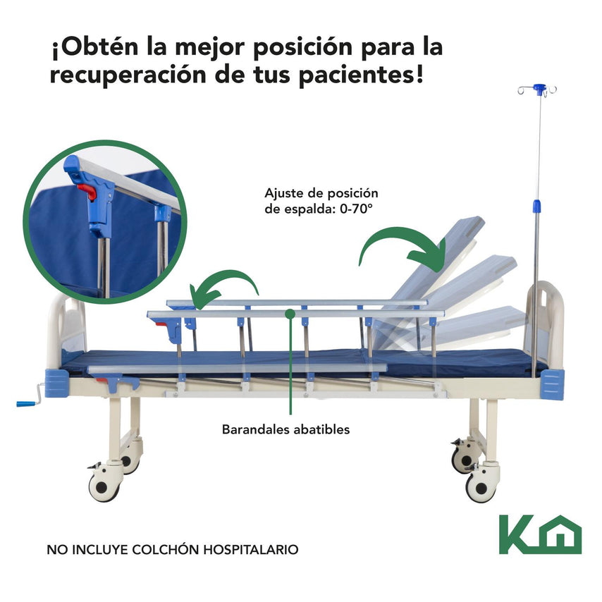 Cama De Hospital Manual Con Base de Colchon y Porta Suero