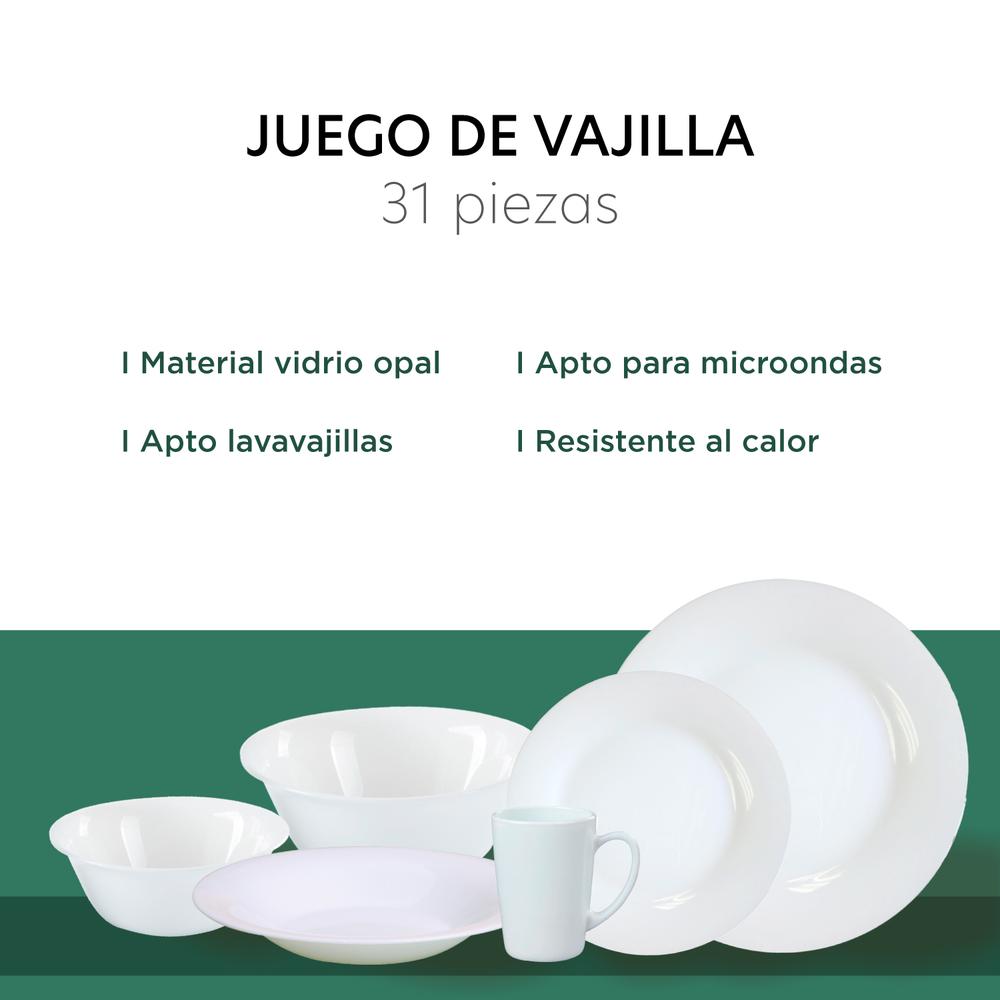 Vajilla Opal 31Pzas Redonda Para 6 Personas Moderna Elegante