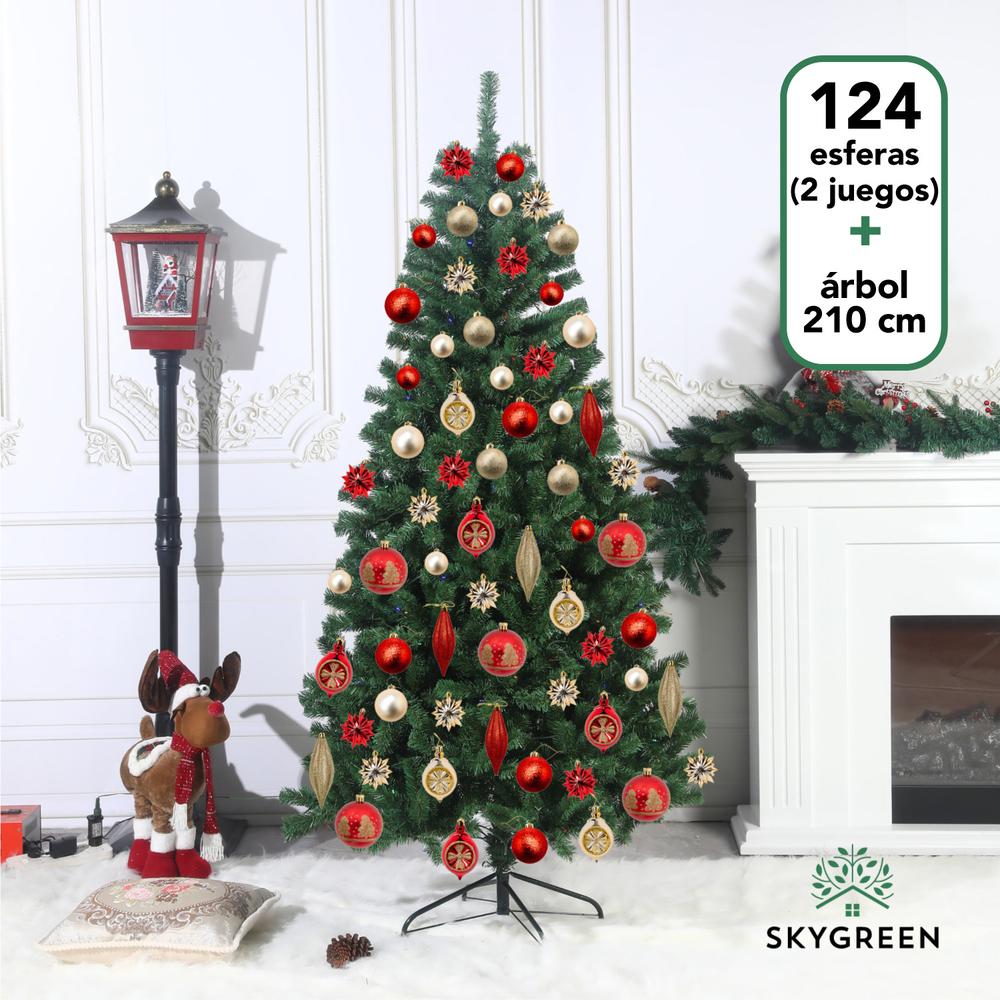 Árbol De Navidad Artificial 2.10 M + 124pz Esferas y Adornos