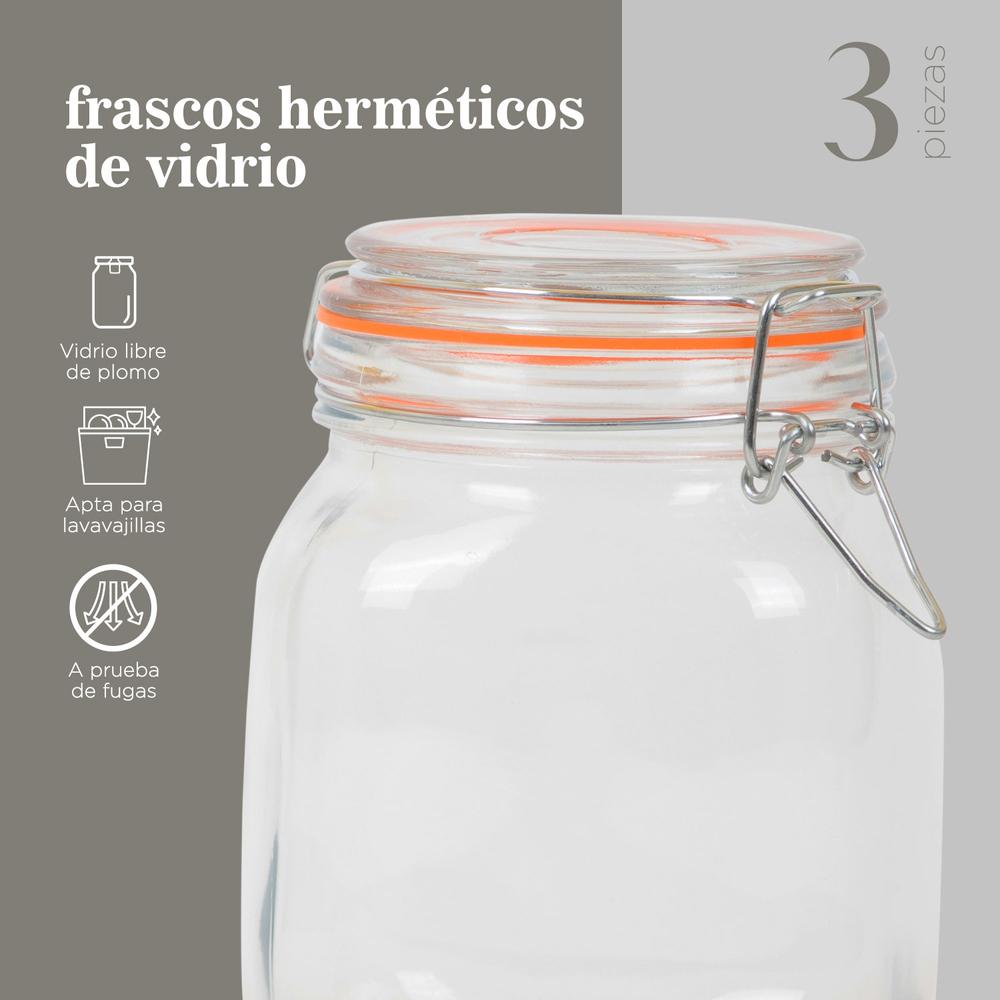 Frasco Hermetico Vidrio Contenedor Almacena Tapa Clip 1 L X3