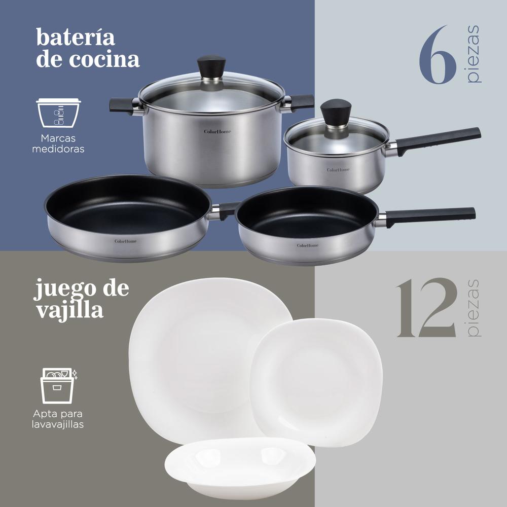 Bateria Cocina Antiadherente Acero Inox Juego Vajilla 18pzas