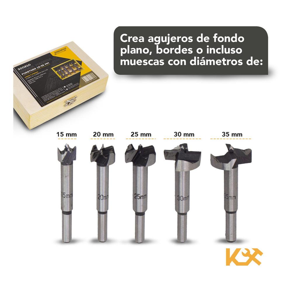 Broca para Madera Forstner Juego de 5 Piezas 15 a 35 mm 402111 Kingsman