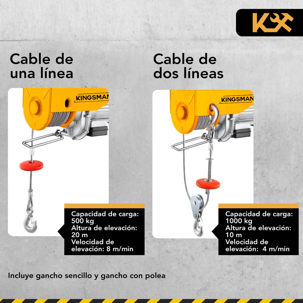 Polipasto Eléctrico 500-1000 Kg 110 V con Cable 20 m 7/32 PA1000B Kingsman