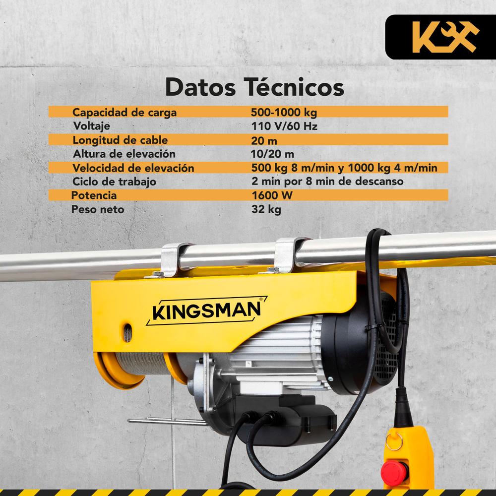 Polipasto Eléctrico 500-1000 Kg 110 V con Cable 20 m 7/32 PA1000B Kingsman