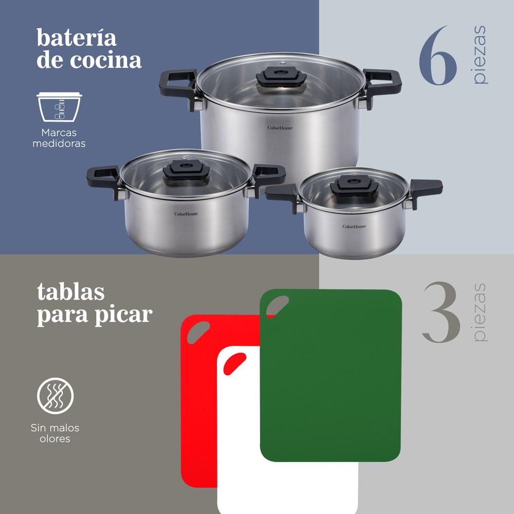 Bateria de Cocina Acero Tricapa Set Tablas Para Picar 9 Pzas