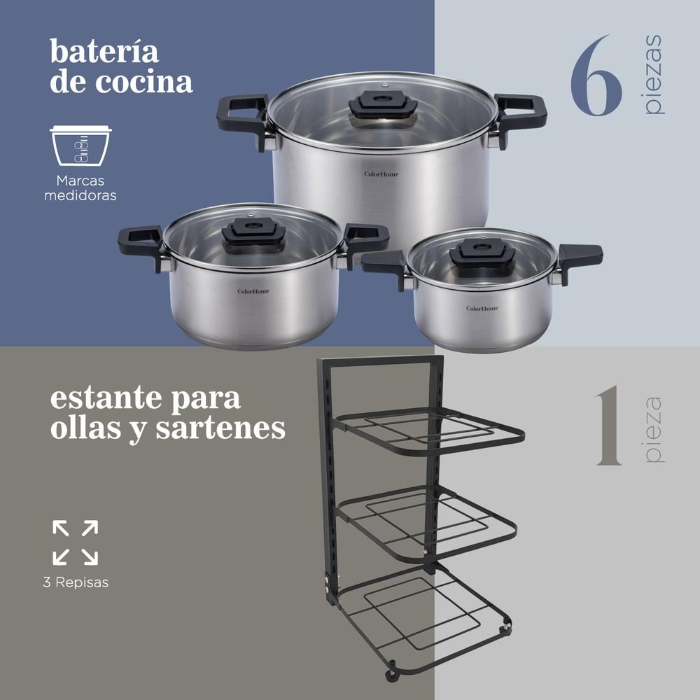 Batería De Cocina Combo Estante Para Ollas y Sartenes 7 Pzas