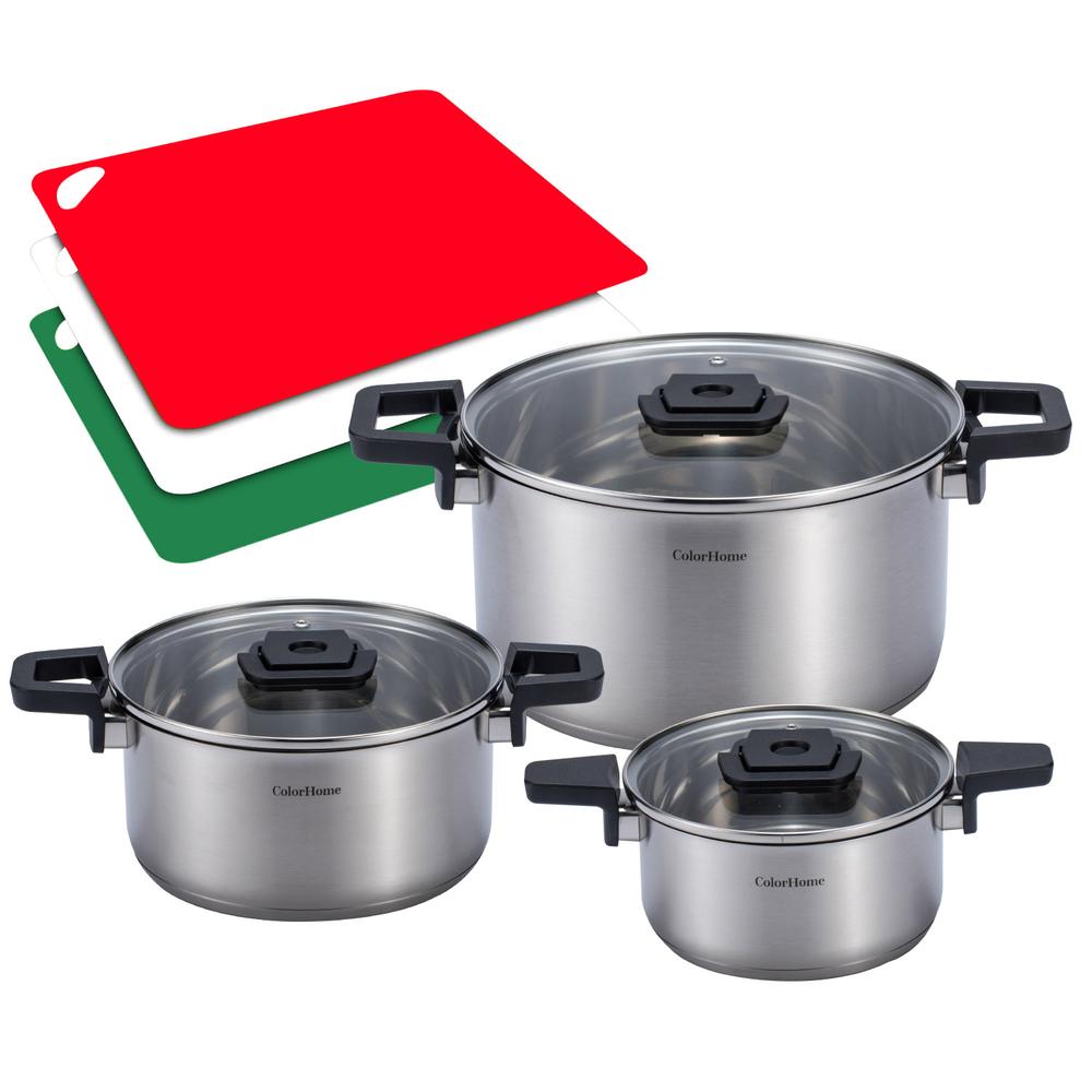 Bateria de Cocina Acero Tricapa Set Tablas Para Picar 9 Pzas