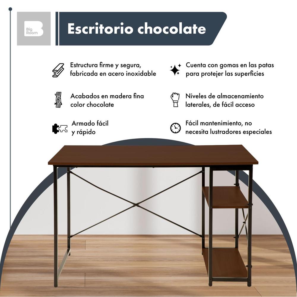 Escritorio Con 2 Repisas Madera Estructura Metal Minimalista