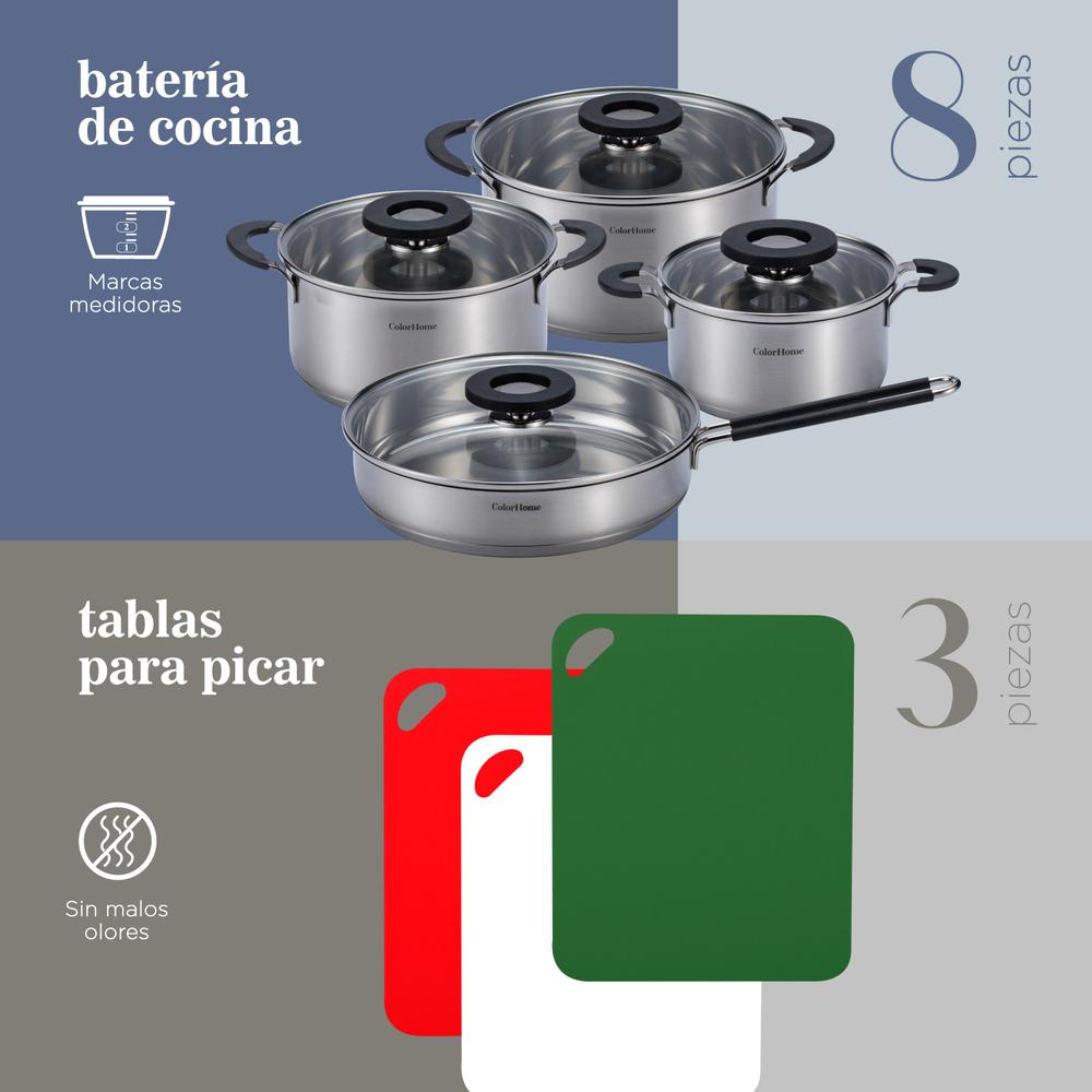 Bateria de Cocina Acero Inoxidable Tablas Para Picar 11 Pzas