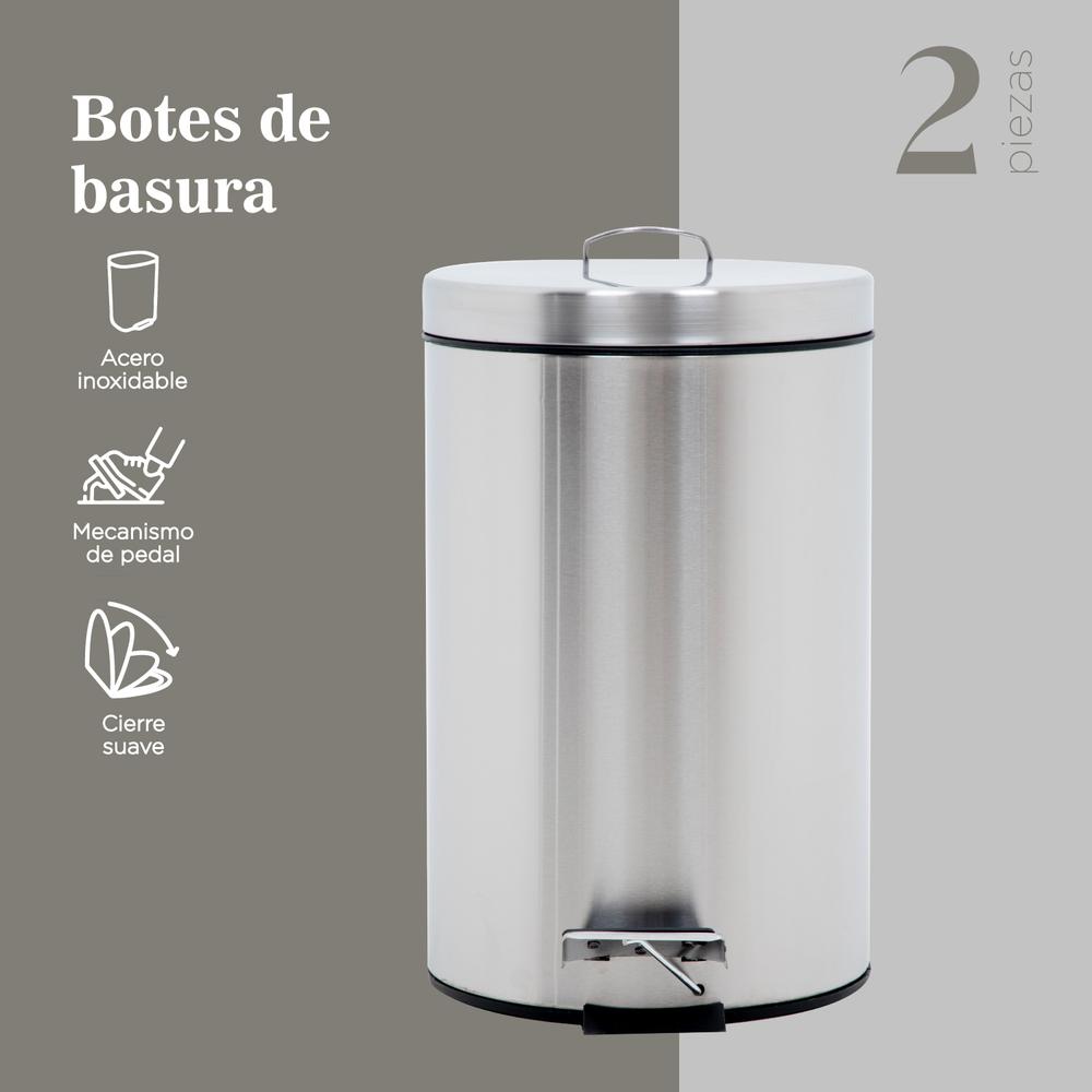 Botes de Basura 9L Acero Inox C/Pedal Metalico Cocina 2pzas