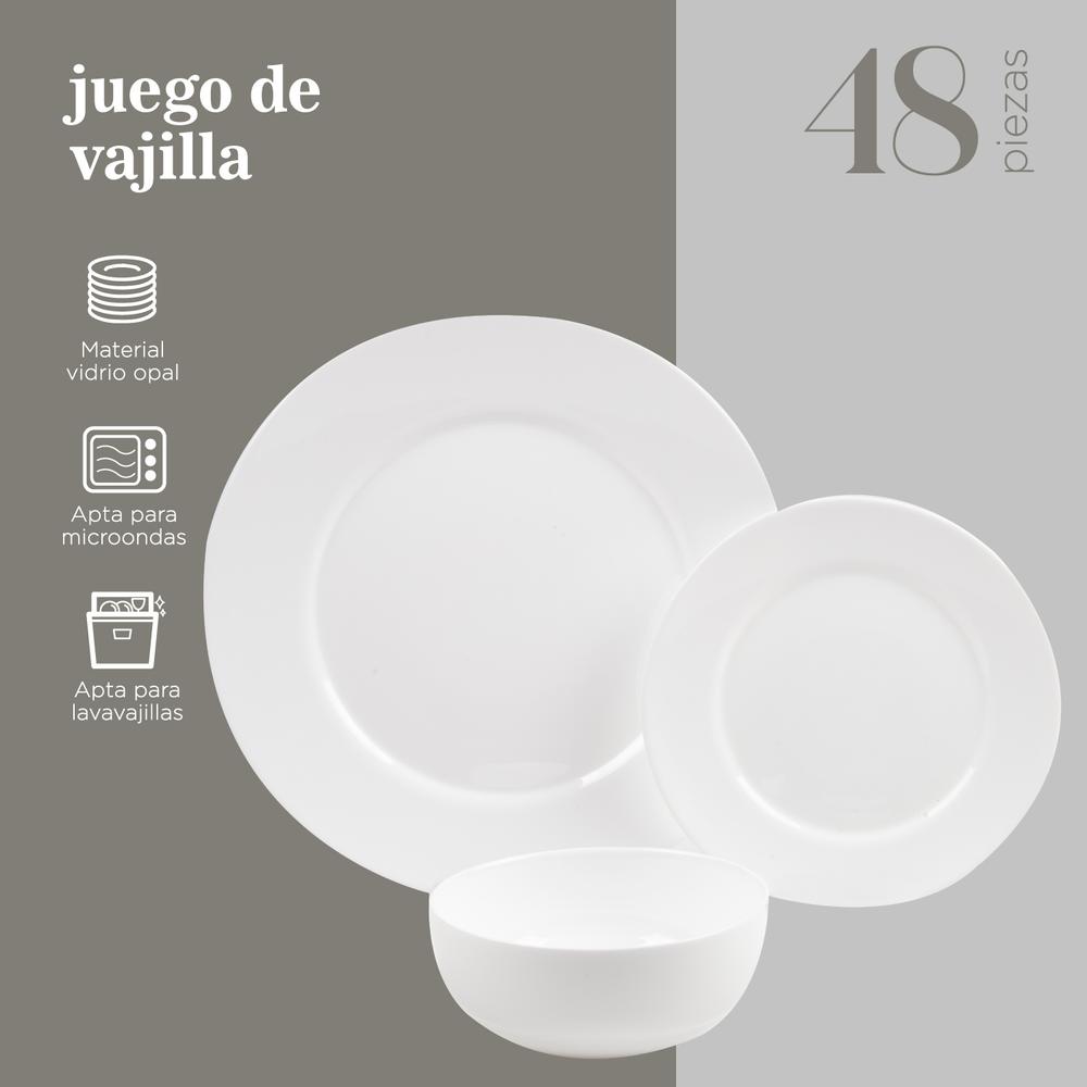 Vajilla Opal 48 Piezas Moderna Blanca Redonda 16 Personas