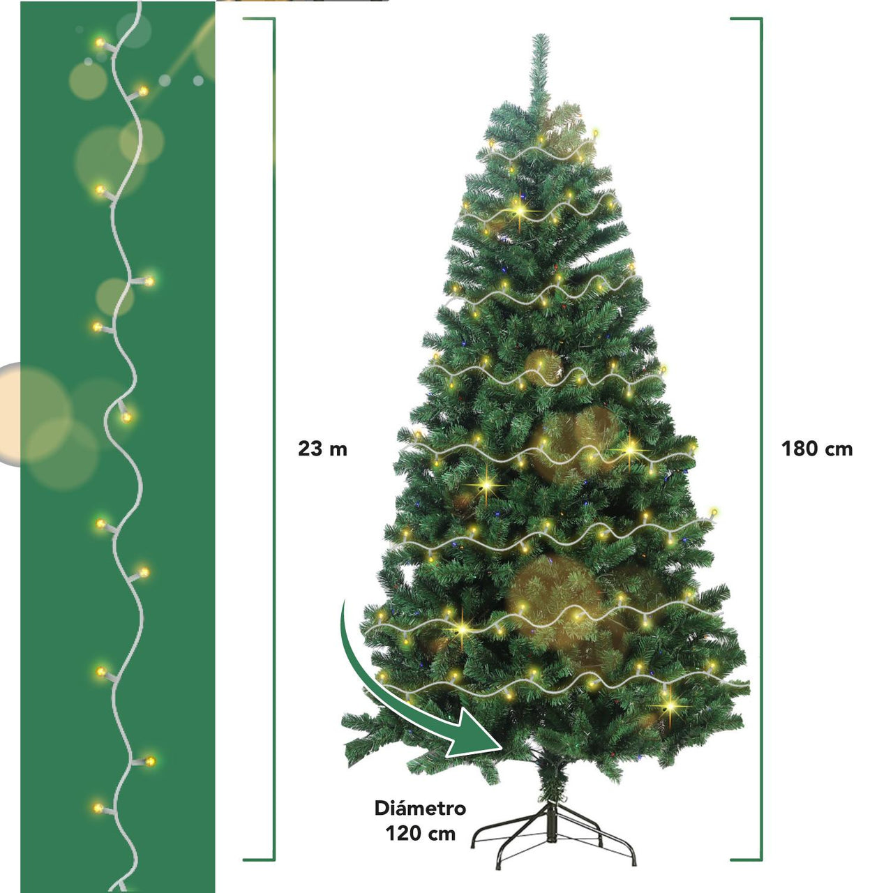 Árbol de Navidad 180 cm + 62 Esferas + Luces LED 250 23 mts