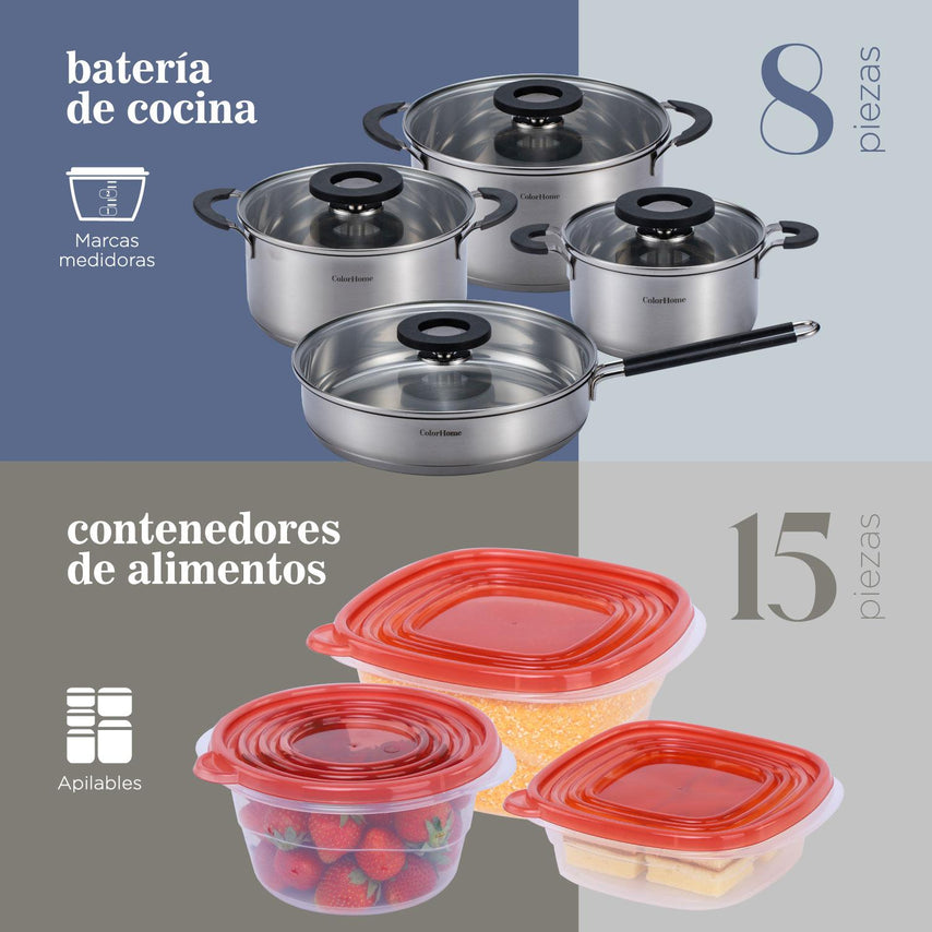 Batería Cocina Tricapa Contenedores Plástico Alimento 23 piezasCOMBO-CH-09