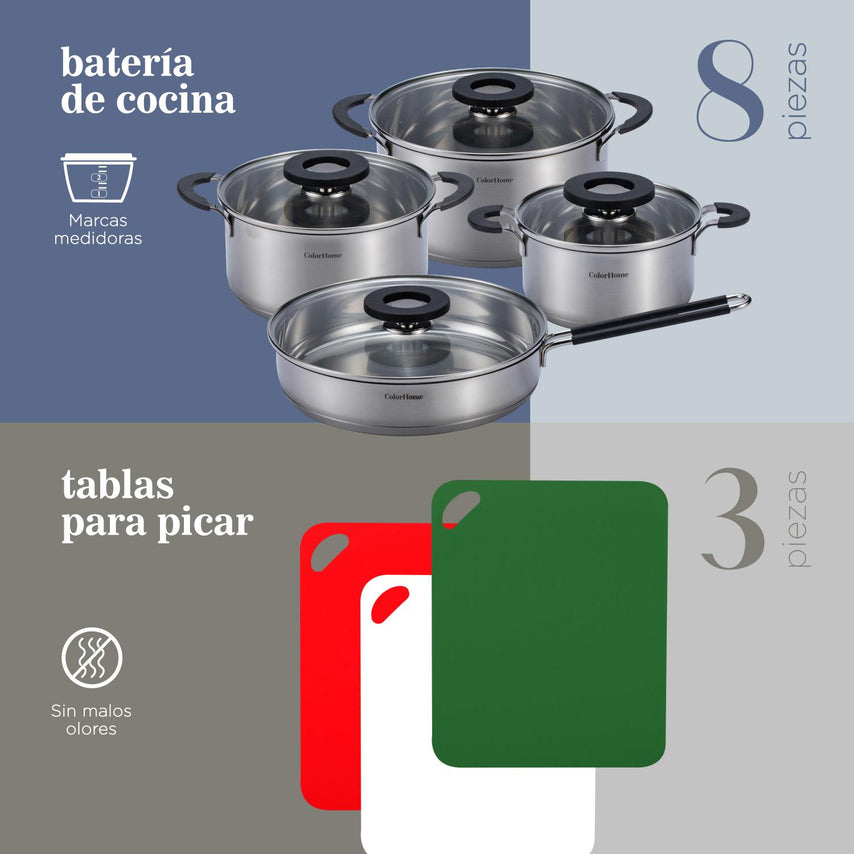 Batería de Cocina Acero Inoxidable + Set de Tablas Para Picar 11 PiezasCOMBO-CH-08