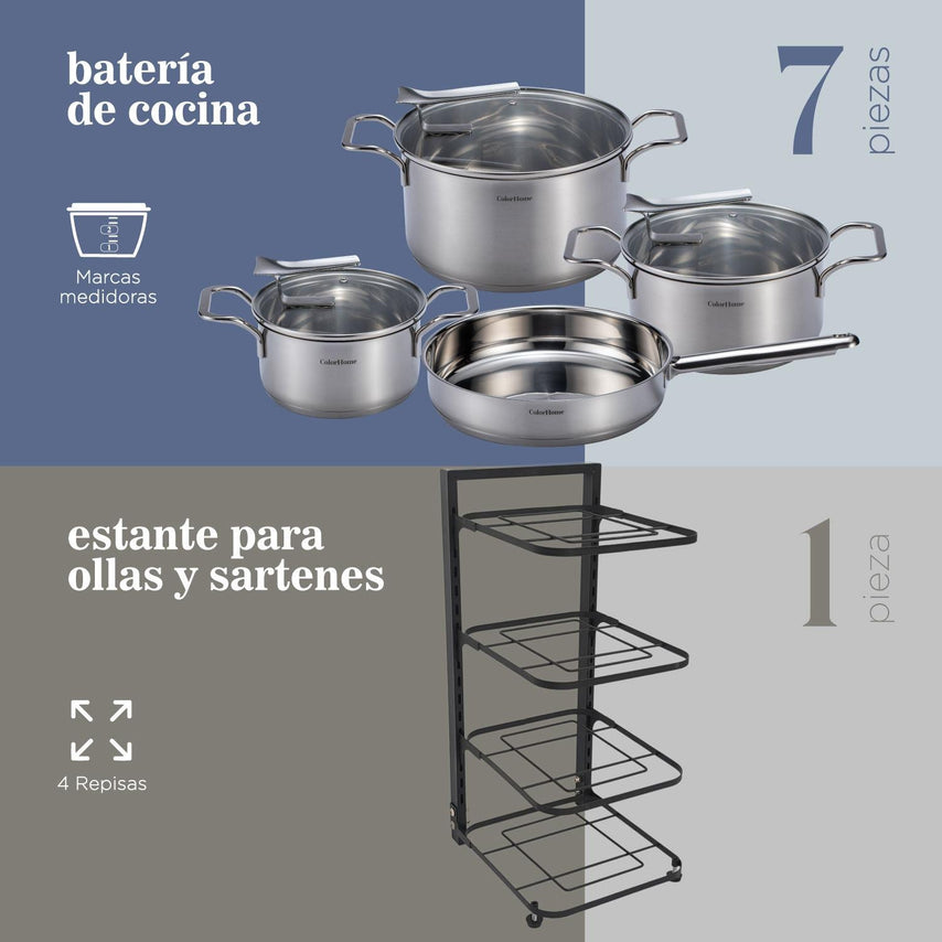 Batería De Cocina Combo Estante Para Ollas y Sartenes 8 PiezasCOMBO-CH-26