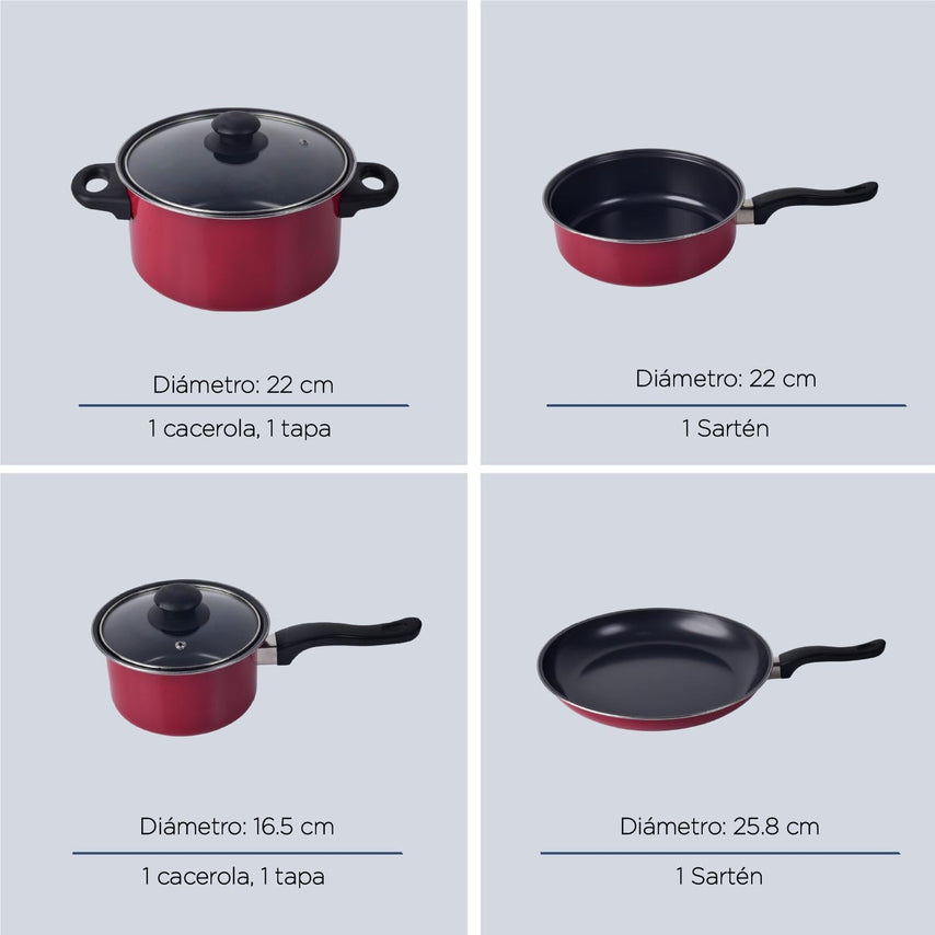 Batería de Cocina Kit Sartenes Acero 16 Piezas AntiadherenteCOLORSTEEL16R