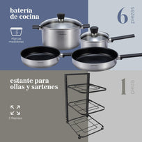 Batería De Cocina Tricapa Combo Estante Ollas Sartenes 7 PiezasCOMBO-CH-28