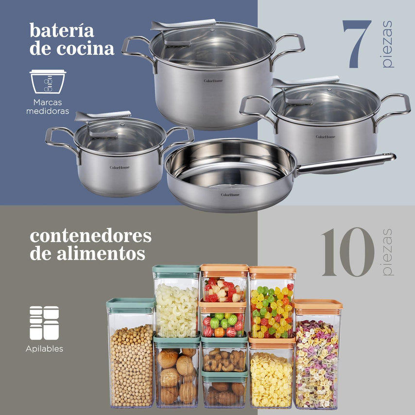 Batería de Cocina Tricapa más Contenedores Hermeticos 17 PiezasCOMBO-CH-07