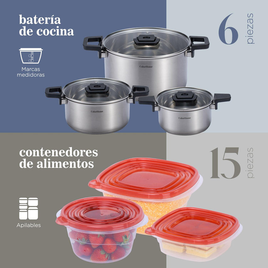 Batería de Cocina Tricapa más Set Contenedores Hermeticos 21 piezasCOMBO-CH-13