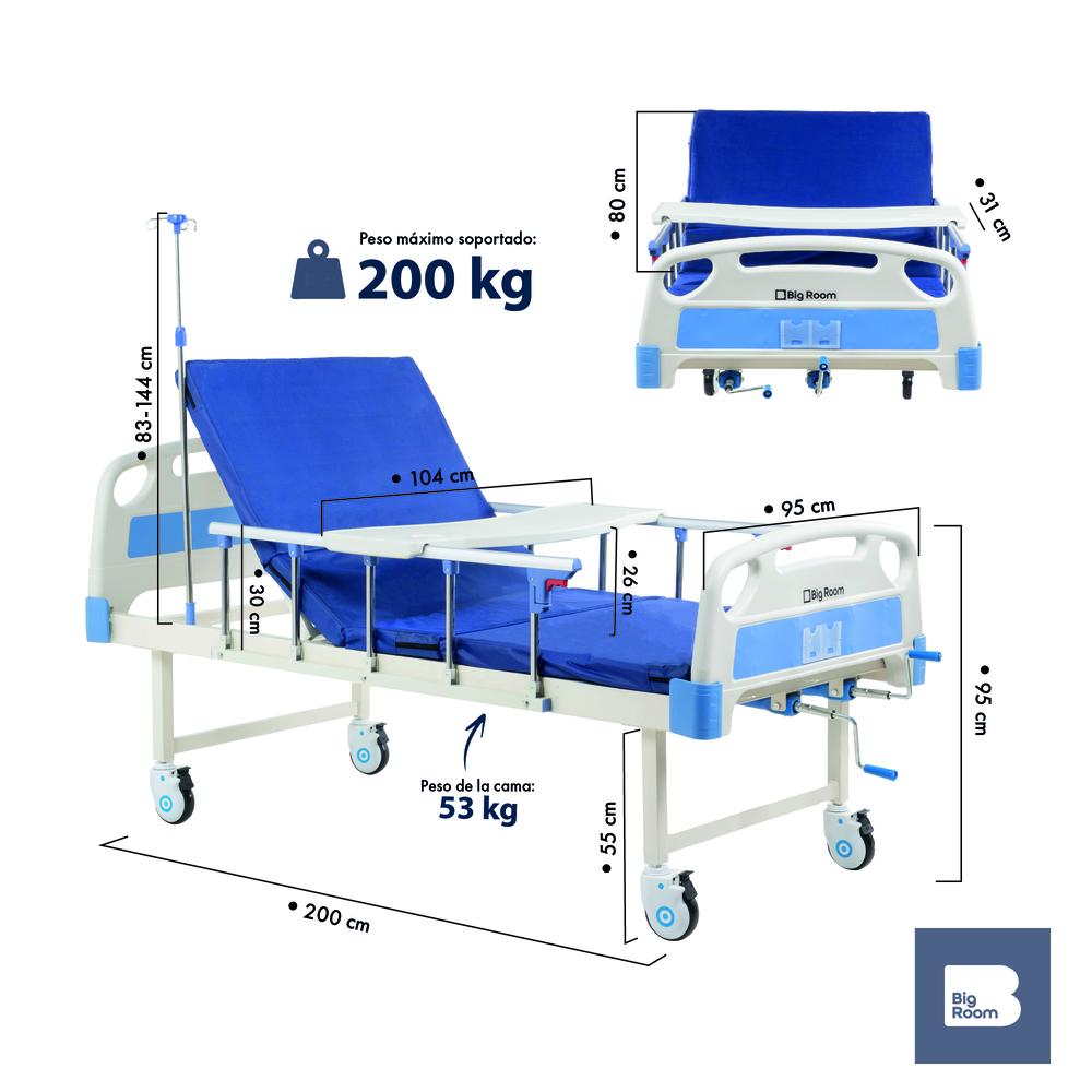 Cama Hospitalaria Manual Con Mesa Colchon y Portasueros