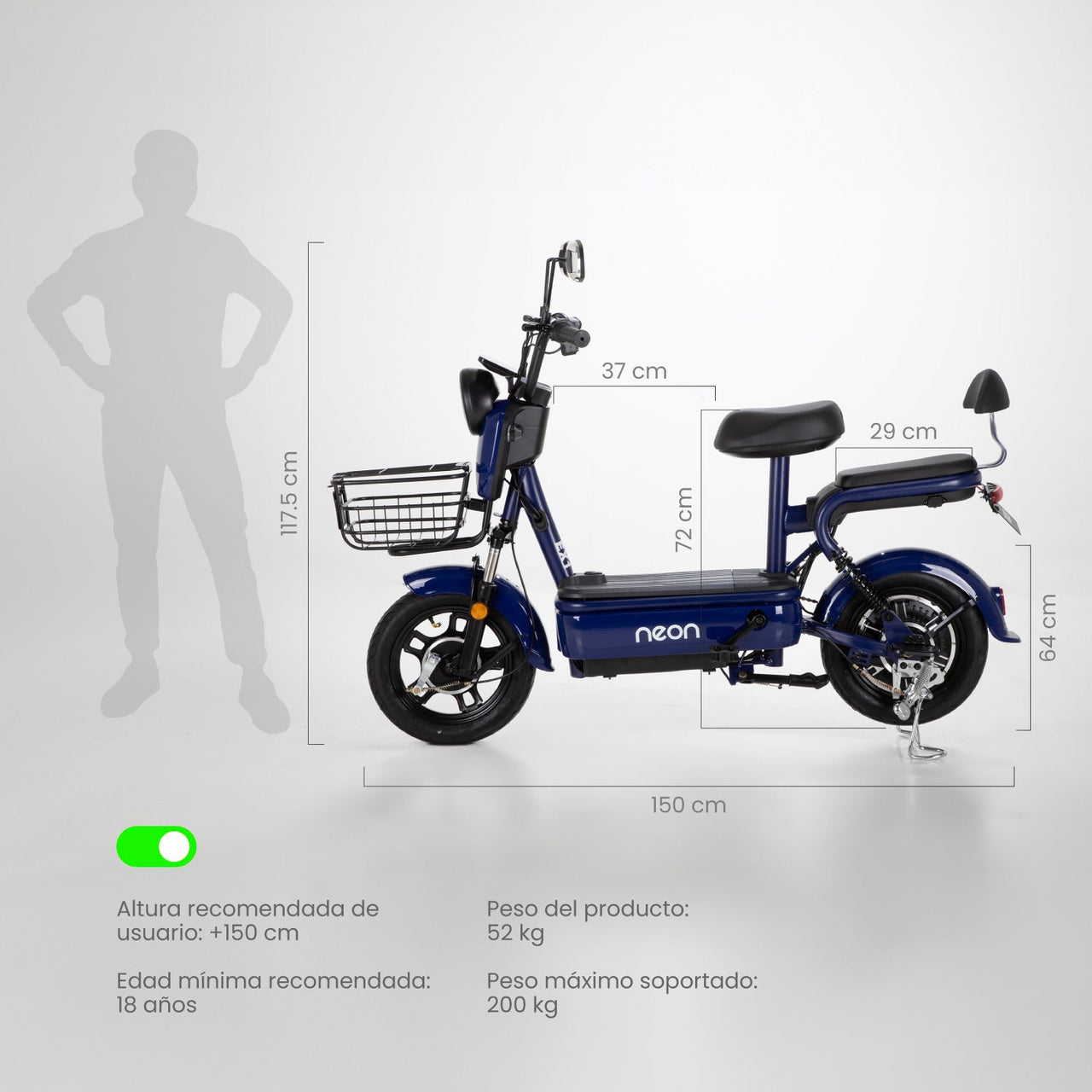 Bicicleta Eléctrica 350w 38km/h Acero 150 Kg Canastilla 50km