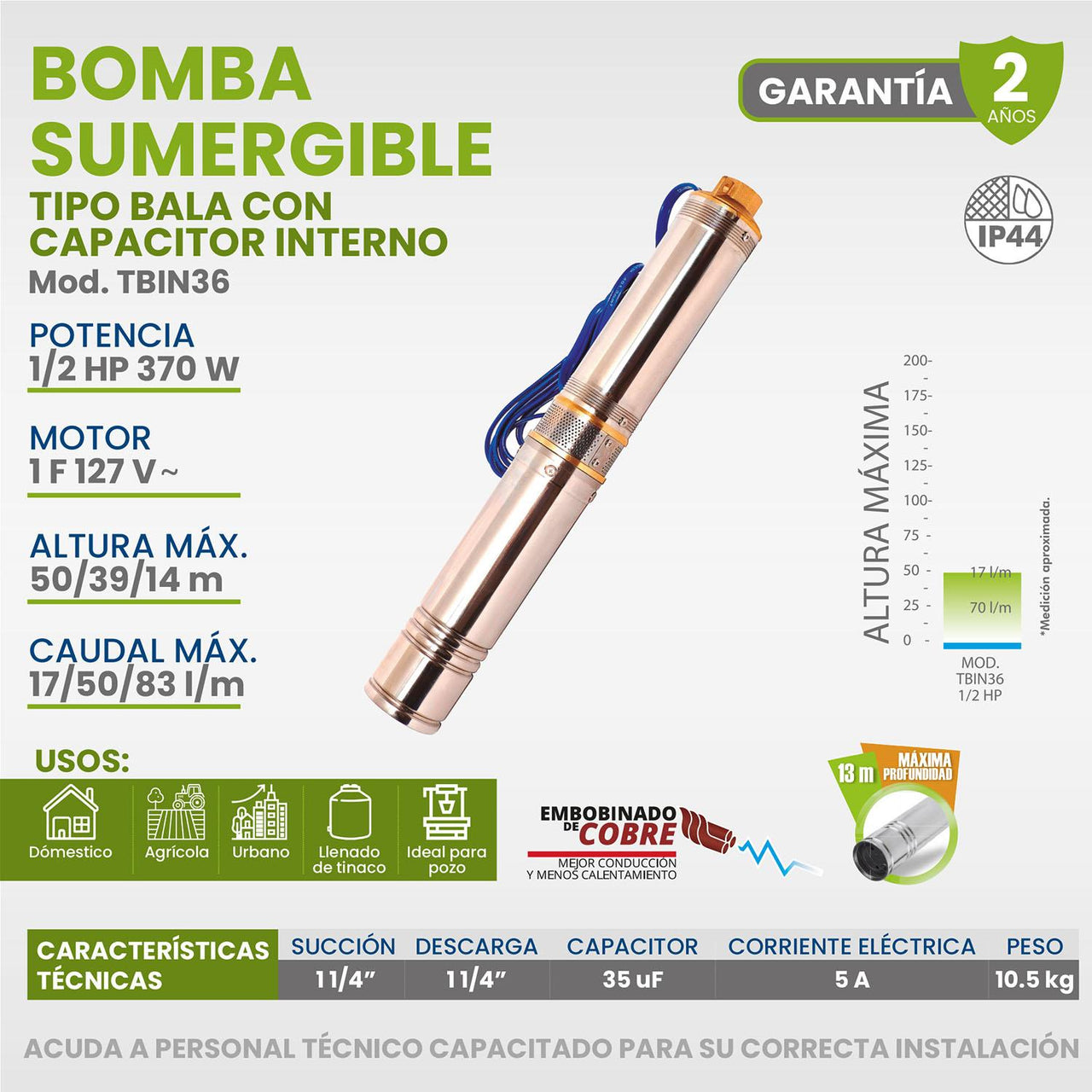 Bomba Sumergible Bala Con Capacitor Interno 1/2 Hp Igoto