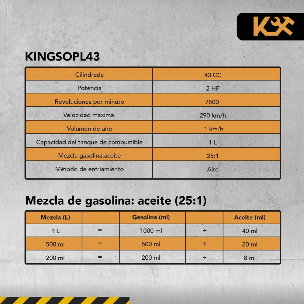 Sopladora Motor A Gasolina 2T 43 CC 2 HP De Mochila Kingsman