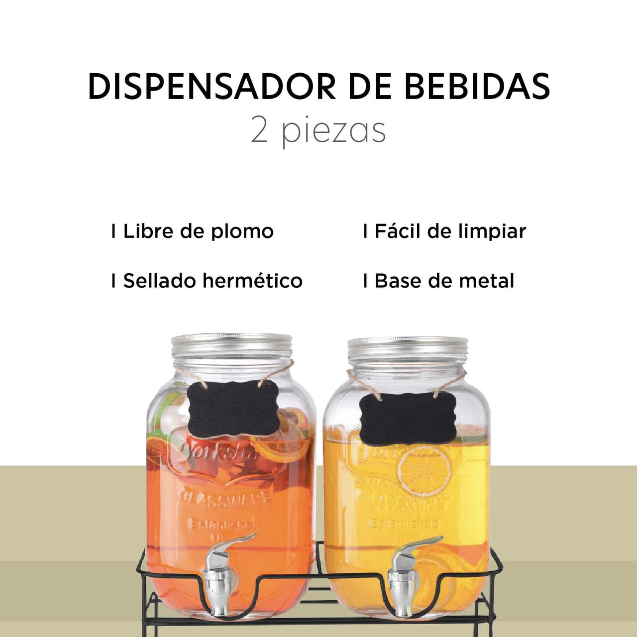 Juego De Dispensadores Bebidas 4 Litros Mason Jar Base Metal