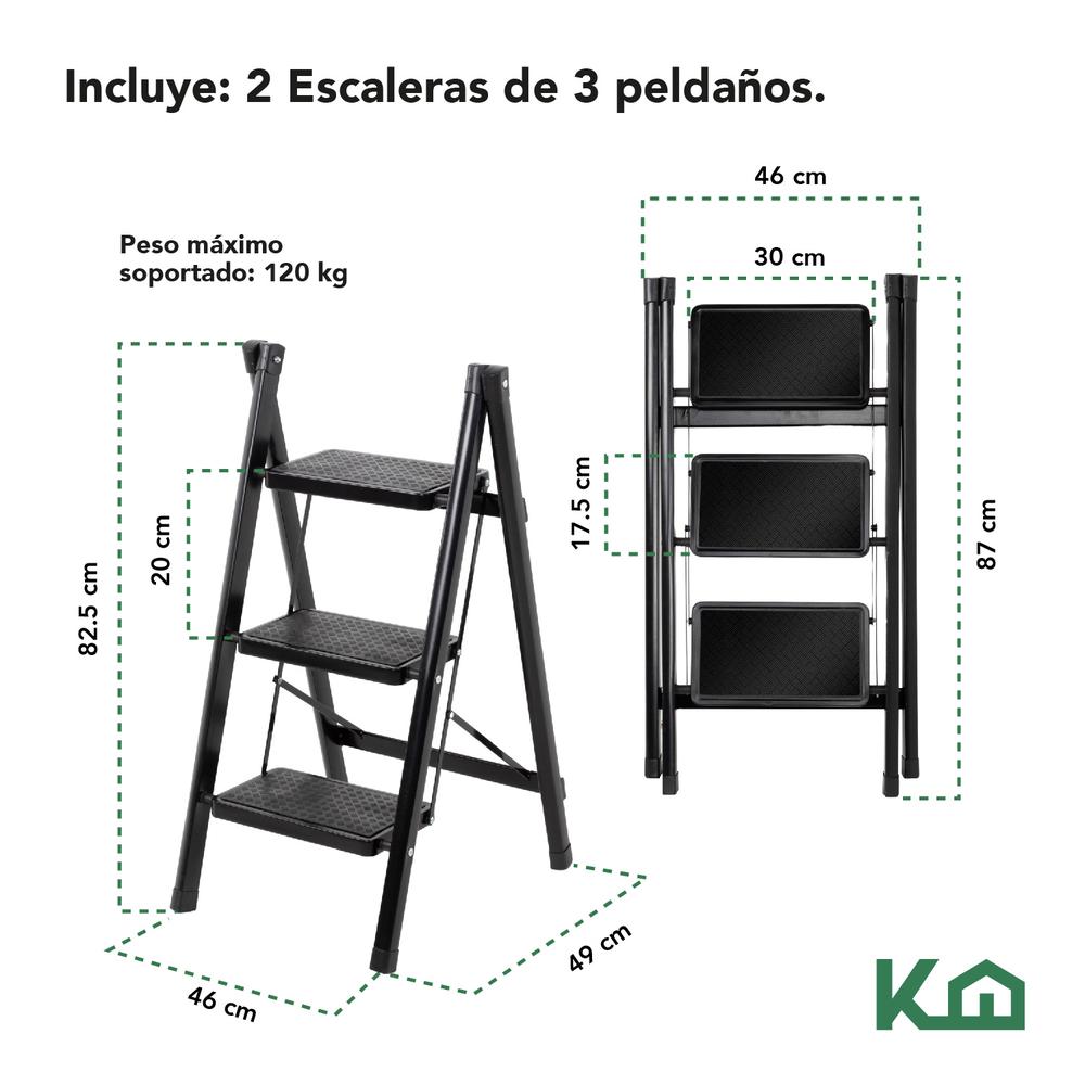 Kit 2 Escaleras Plegables Acero Tijera 3 Peldaños KingsHouse