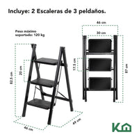 Thumbnail for Kit 2 Escaleras Plegables Acero Tijera 3 Peldaños KingsHouse