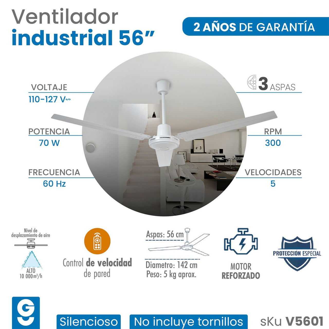 Ventilador De Techo 3 Aspas Con Control 5 Velocidades 142 Cm