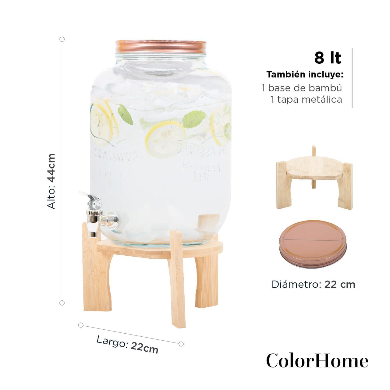 Dispensador Bebidas 8 Litros Mason Jar Vitrolero Agua Bambu