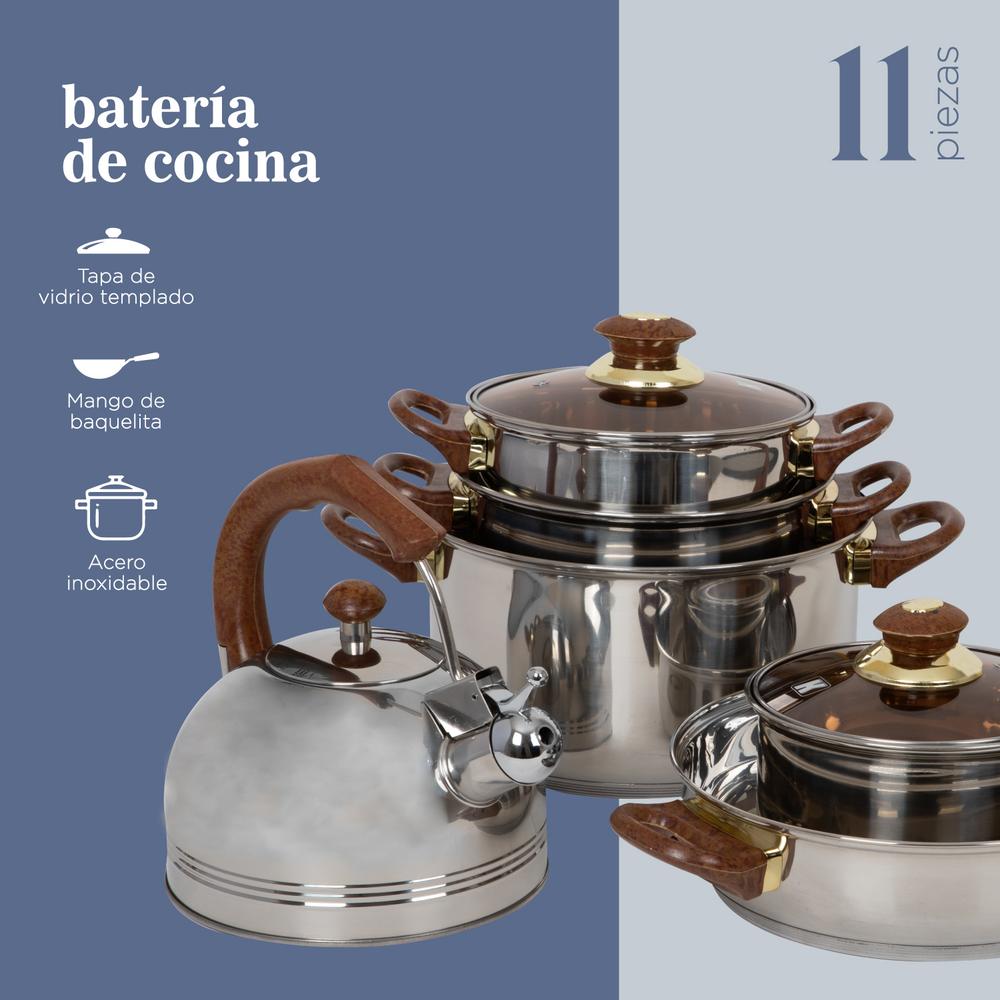 Bateria De Cocina 11Pzas Acero Inoxidable Tricapa Colorhome