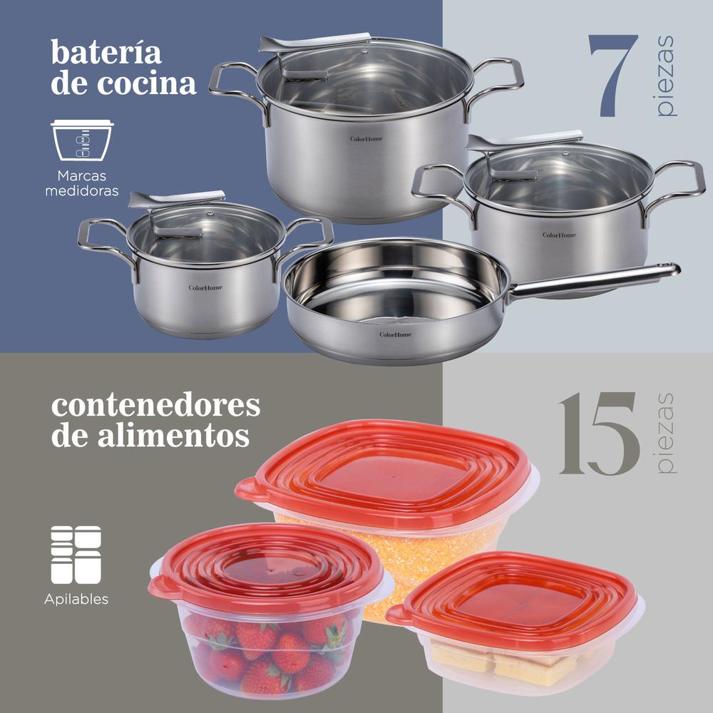 Bateria de Cocina Tricapa Con Contenedores Hermeticos 22pzas