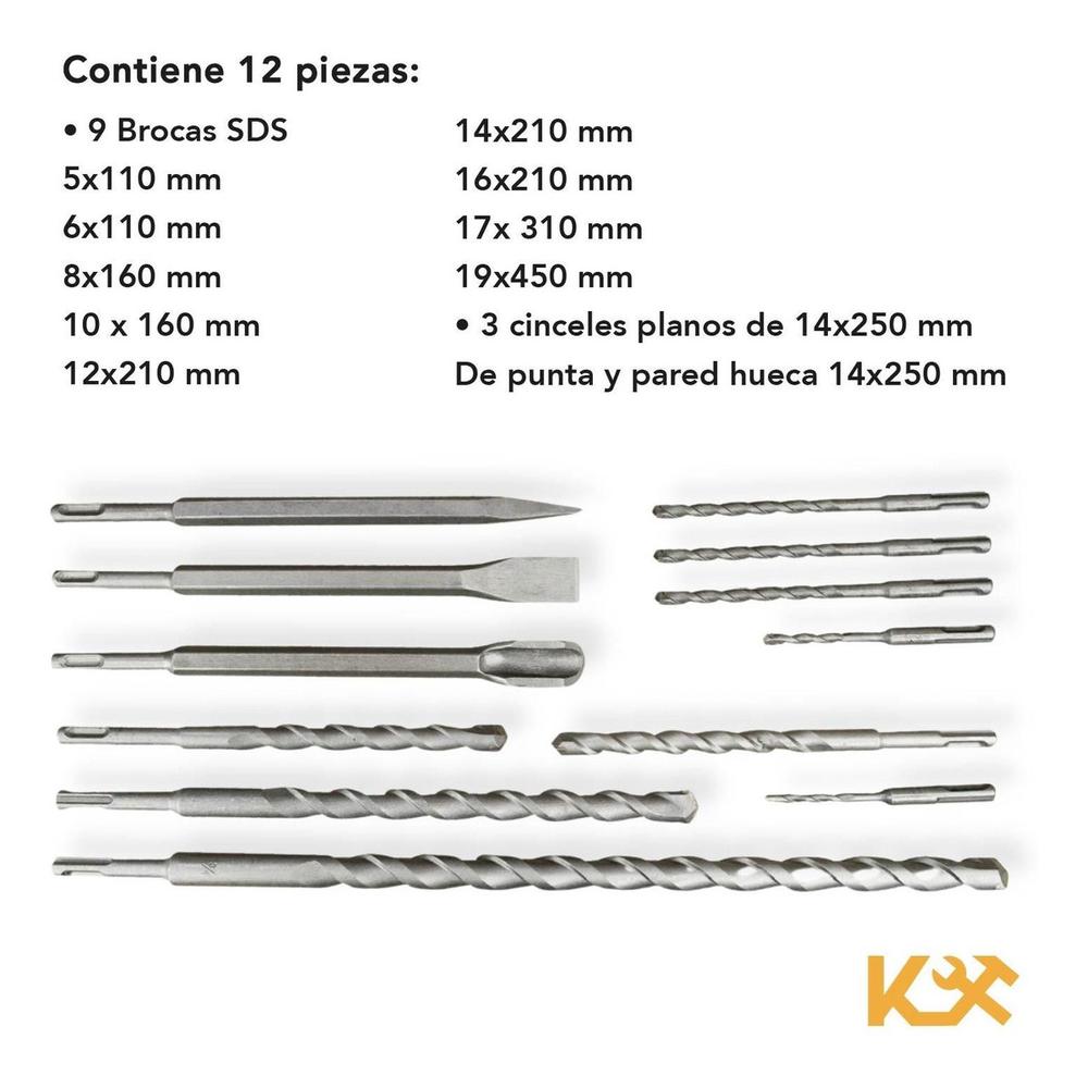 Broca y Cincel para Concreto Juego 12 Piezas SDS Plus en Portafolio 402099 Kingsman