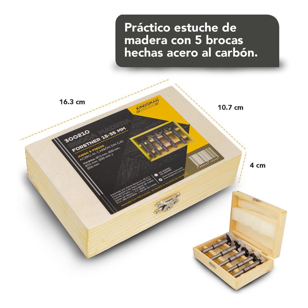 Broca para Madera Forstner Juego de 5 Piezas 15 a 35 mm 402111 Kingsman