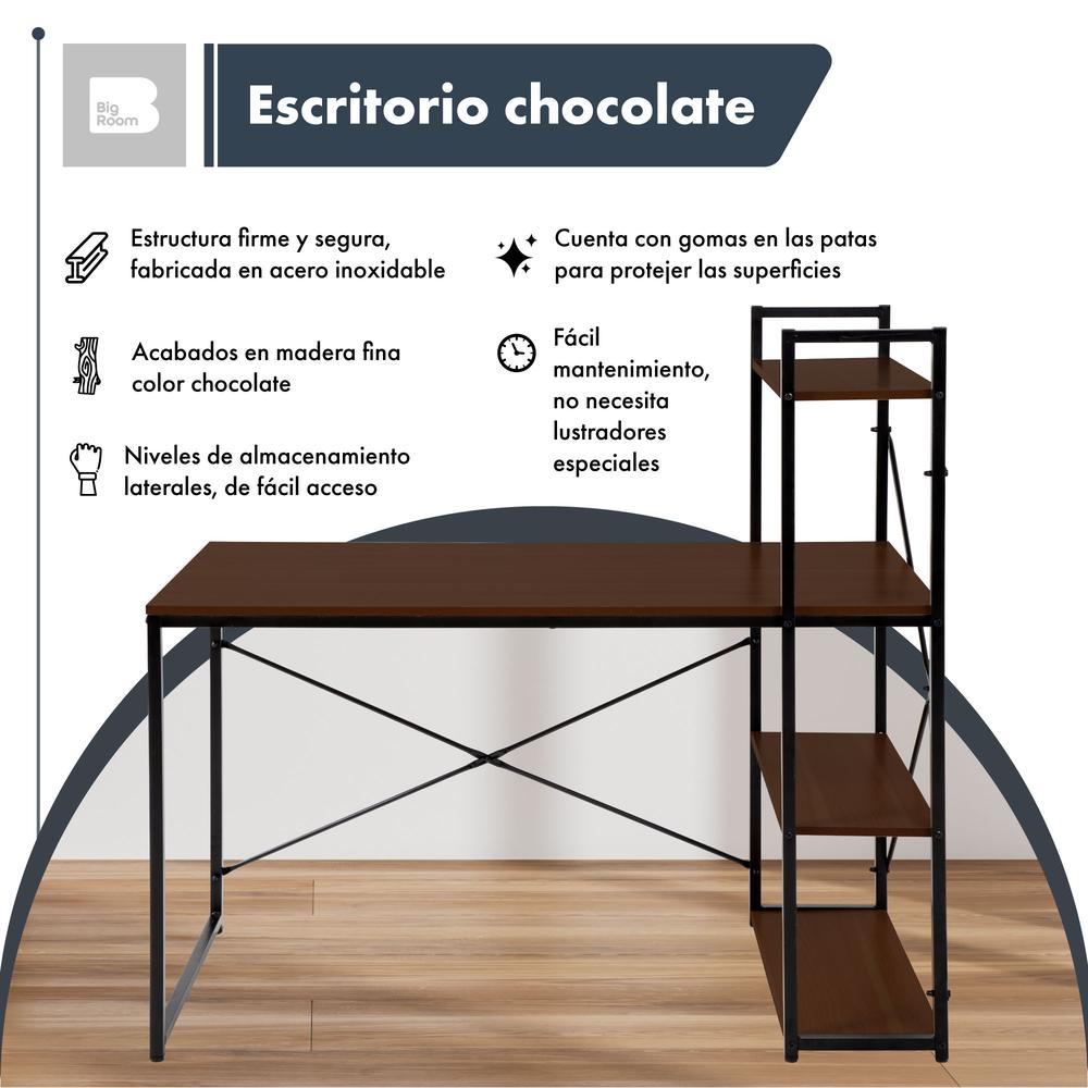 Escritorio Con 3 Repisas Madera Estructura Metal Minimalista